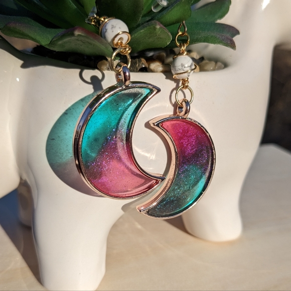 Hand Crafted Jewelry - Crescent Moon Earrings Halloween Howlite Beads Handmade Gold Wire Wrapped Resin